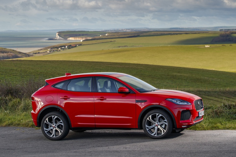 2019 Jaguar E-Pace P300 R-Dynamic AWD in Firenze Red Metallic from a right side view